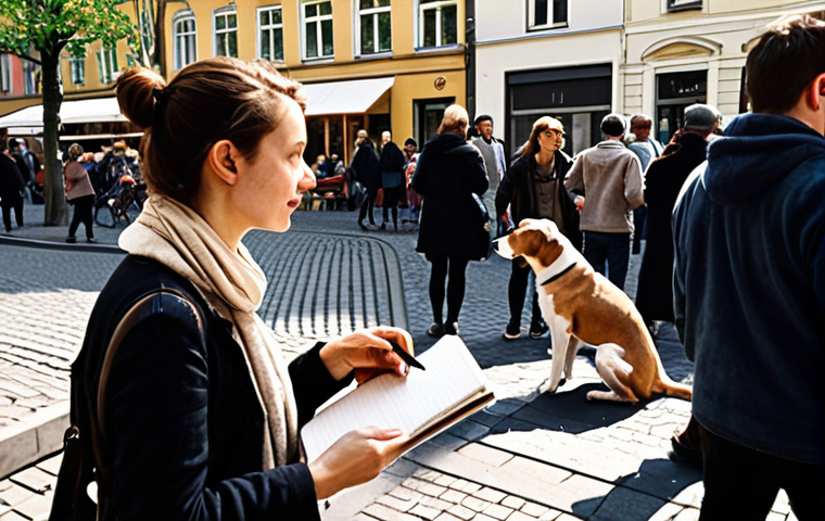 **
Prompt: Empathetic character designer observing people on the street, sketching in a Moleskine notebook. Diverse individuals surround them: a woman holding a coffee, a person talking to a dog, focusing on capturing subtle details and body language. Warm, inviting atmosphere, reminiscent of a sunny Berlin street scene.
**