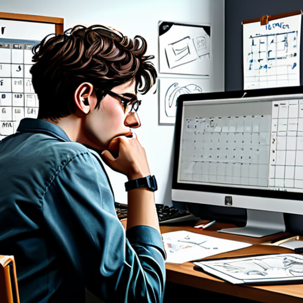 The Creative Crunch**

"A digital painting illustrating the stressful life of a freelance character designer. A fully clothed young professional, looking tired and overwhelmed, sits at a desk covered in sketches and a half-empty coffee cup. The computer screen displays complex character designs. A calendar in the background is marked with numerous deadlines. The art style should be somewhat realistic, with muted colors to convey the feeling of pressure. Safe for work, appropriate content, fully clothed, professional, perfect anatomy, natural proportions, digital art, high quality."

**