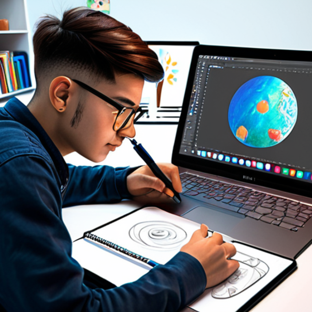 Young designer working on a character design.**

Prompt: A young, enthusiastic character designer sketching on a tablet, surrounded by concept art and design books in a bright, modern studio.  Laptop displaying design software is visible.  Professional workspace, artistic environment, creative atmosphere, focused expression.  Digital art, clean lines, vibrant colors.  Safe for work, appropriate content, fully clothed, professional, modest.

**