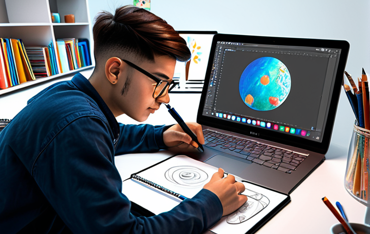 Young designer working on a character design.**

Prompt: A young, enthusiastic character designer sketching on a tablet, surrounded by concept art and design books in a bright, modern studio.  Laptop displaying design software is visible.  Professional workspace, artistic environment, creative atmosphere, focused expression.  Digital art, clean lines, vibrant colors.  Safe for work, appropriate content, fully clothed, professional, modest.

**