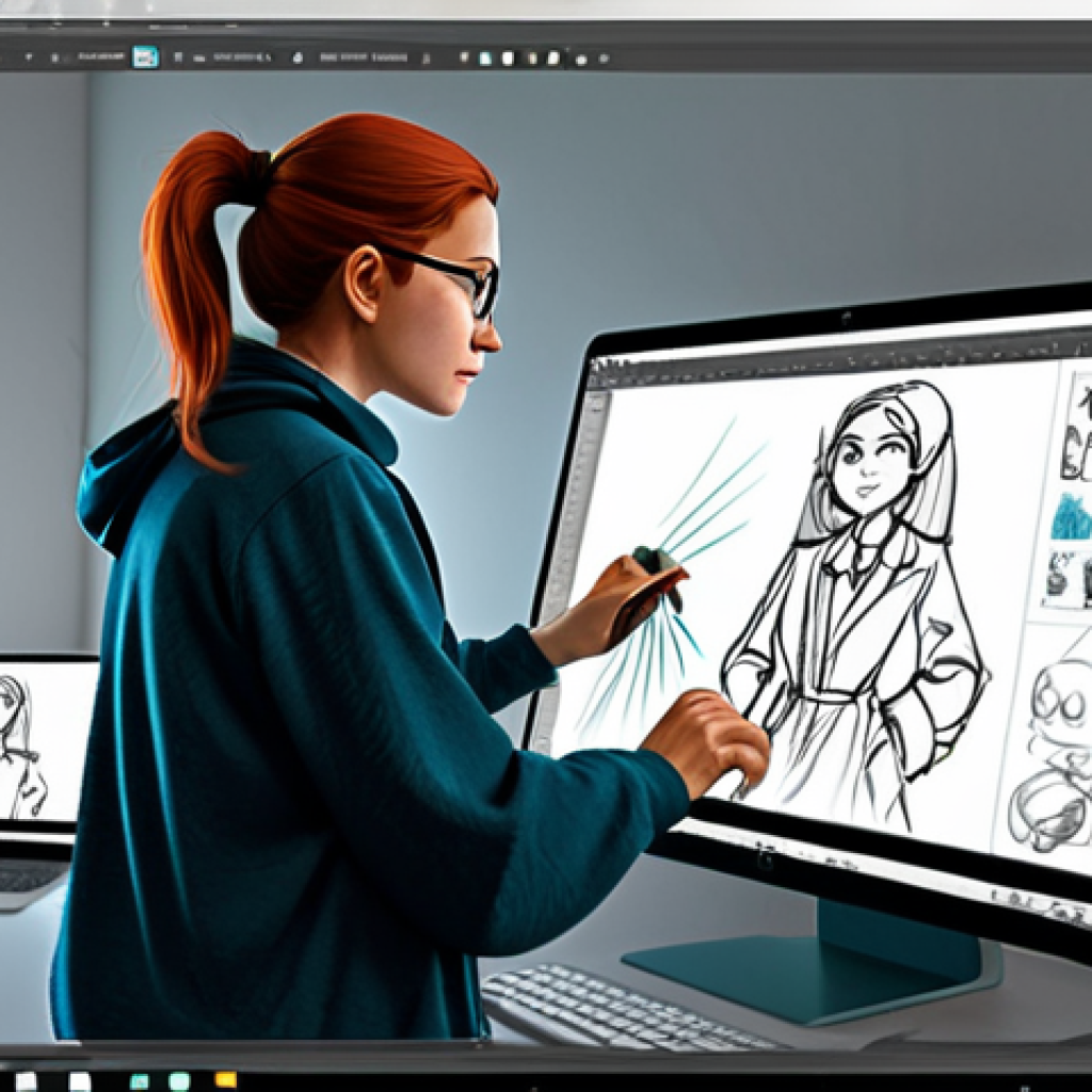 **

"A professional character designer in a modern, well-lit studio, working on a digital painting of a whimsical, fully clothed cartoon character. She is using a Wacom Intuos Pro tablet and Adobe Photoshop. The studio is clean and organized, with sketches and reference materials on the walls. Safe for work, appropriate content, fully clothed, professional, perfect anatomy, natural pose, high quality digital art."

**
