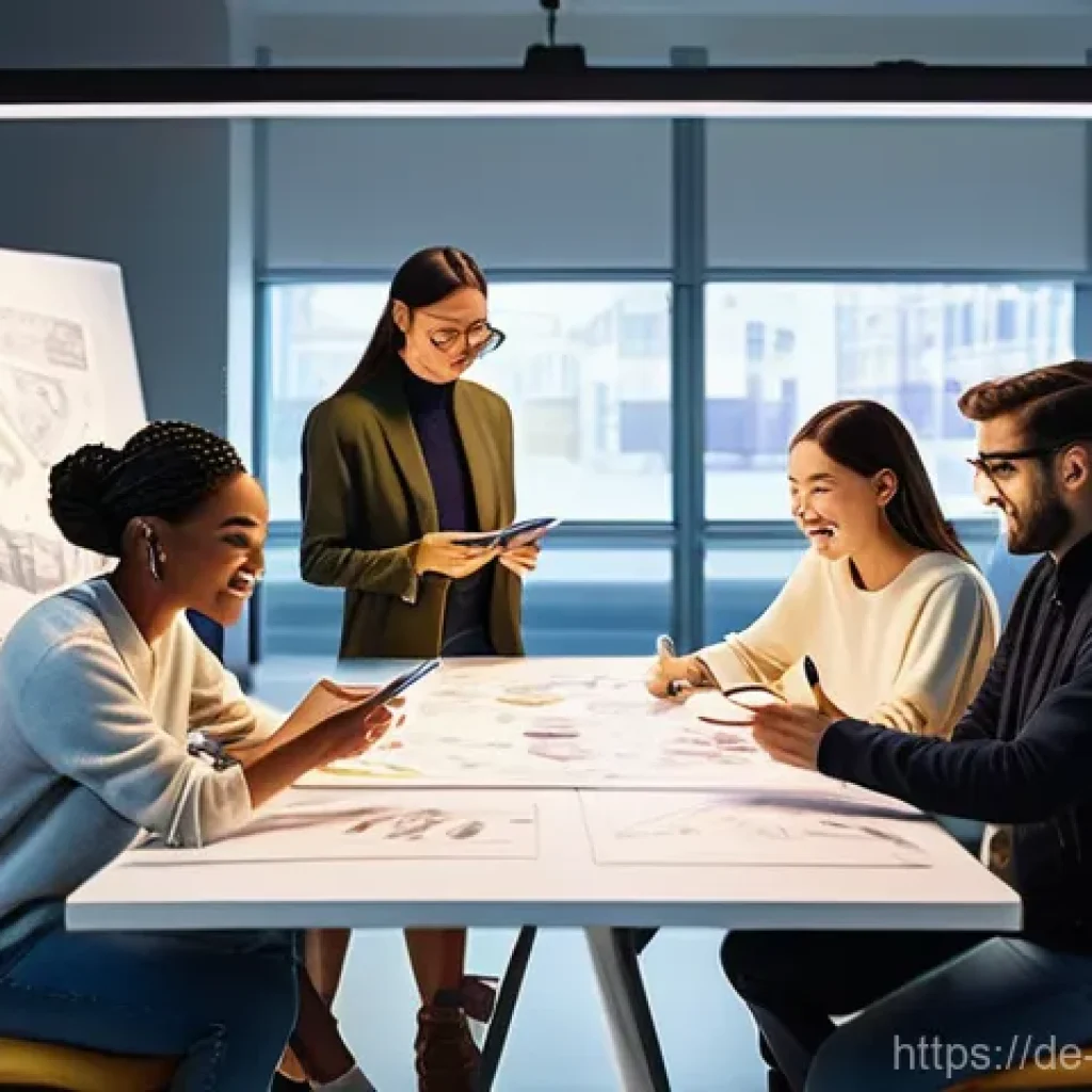 캐릭터디자이너로서의 리더십 발휘 사례 - **Prompt:** A diverse team of character designers is gathered in a brightly lit, modern design studi...