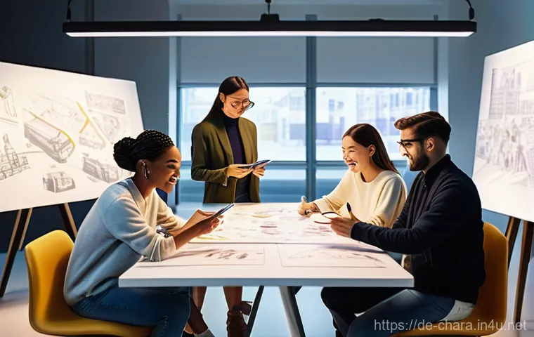 캐릭터디자이너로서의 리더십 발휘 사례 - **Prompt:** A diverse team of character designers is gathered in a brightly lit, modern design studi...