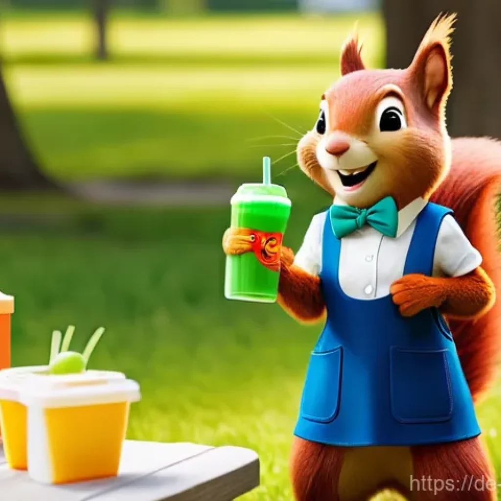 캐릭터디자인과 그래픽디자인의 접점 - **Prompt:** A cheerful, anthropomorphic red squirrel mascot, wearing a small, neatly tied blue bowti...