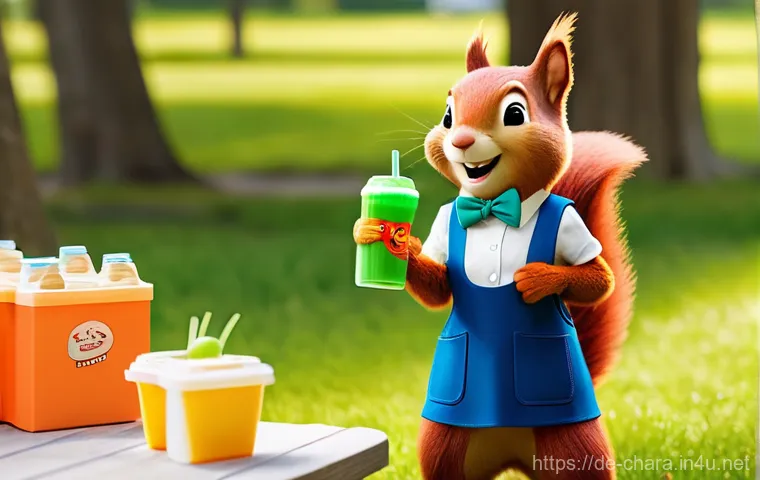 캐릭터디자인과 그래픽디자인의 접점 - **Prompt:** A cheerful, anthropomorphic red squirrel mascot, wearing a small, neatly tied blue bowti...