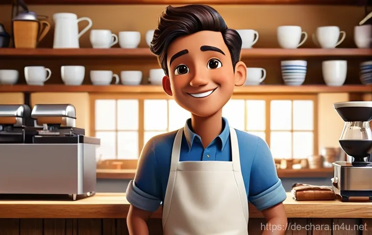 캐릭터디자인과 콘텐츠 제작의 조화 - **Prompt:** A charming, slightly whimsical cartoon barista character, with a warm smile and kind eye...