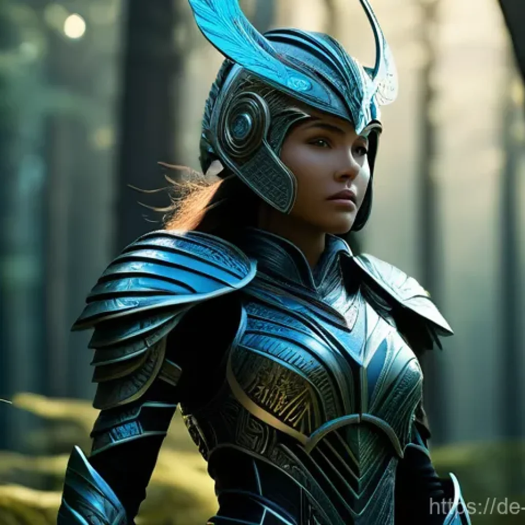 캐릭터디자인 직무에서 기술적 트렌드 파악하기 - A highly detailed 3D render of a futuristic fantasy warrior, female, standing confidently in a mysti...