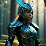 Home 20 캐릭터디자인 직무에서 기술적 트렌드 파악하기 - A highly detailed 3D render of a futuristic fantasy warrior, female, standing confidently in a mysti...