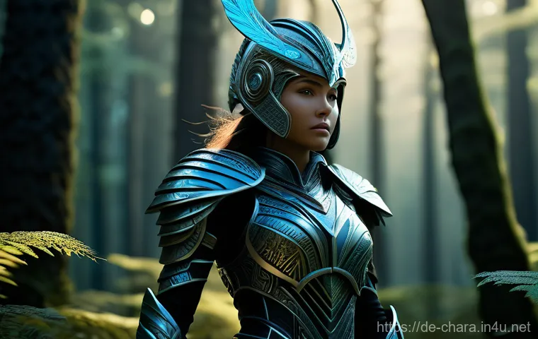 캐릭터디자인 직무에서 기술적 트렌드 파악하기 - A highly detailed 3D render of a futuristic fantasy warrior, female, standing confidently in a mysti...