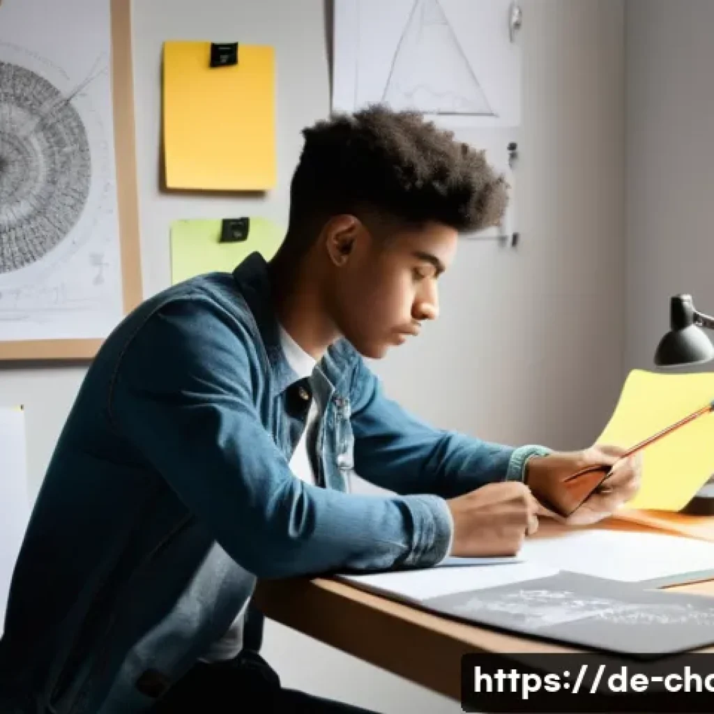 캐릭터디자인 작업 과정에서 시간 관리법 - A focused creative workspace scene featuring a young adult artist in casual clothing seated at a mod...
