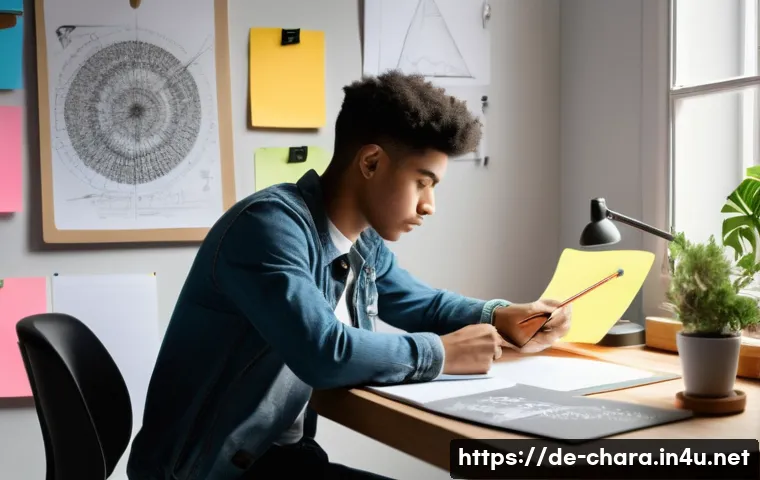 캐릭터디자인 작업 과정에서 시간 관리법 - A focused creative workspace scene featuring a young adult artist in casual clothing seated at a mod...