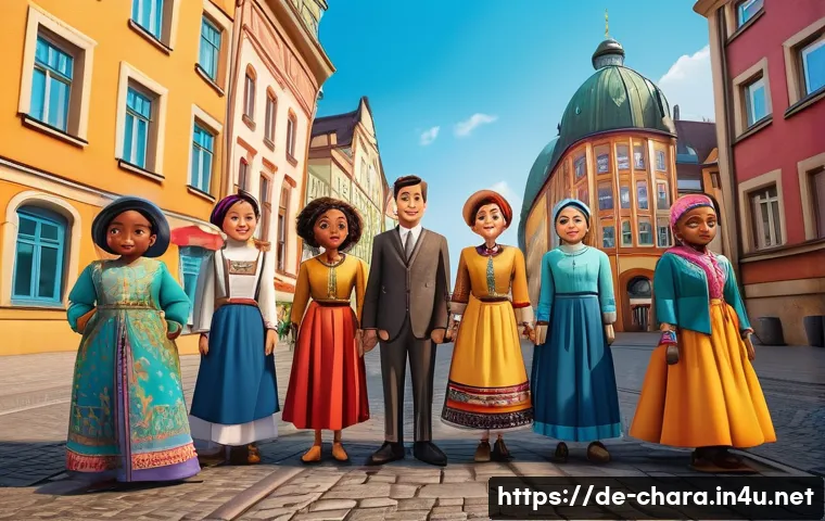 캐릭터디자이너로서의 글로벌 동향 이해 - A culturally diverse group of animated characters standing together in a vibrant cityscape inspired ...
