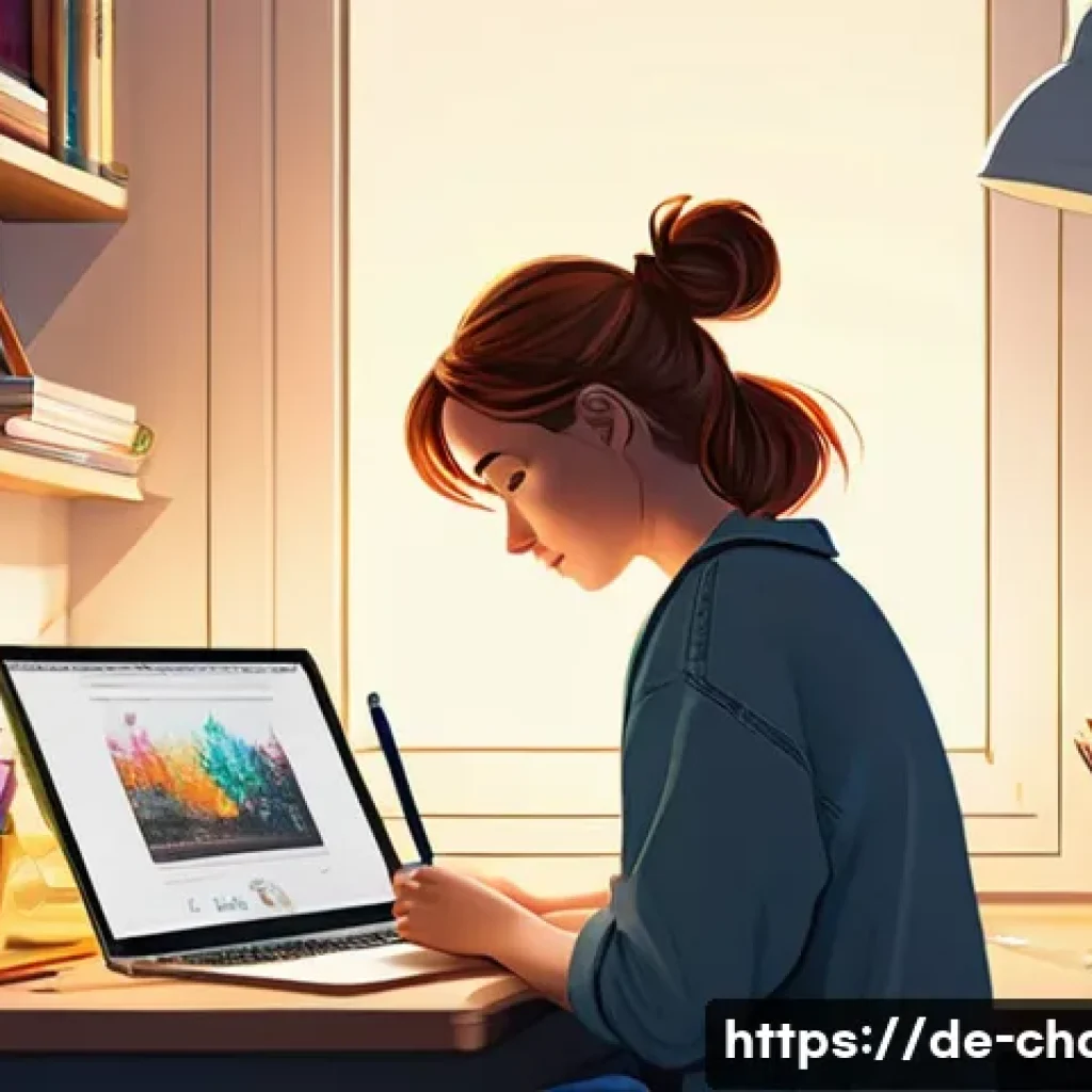 캐릭터디자인 자격증 학습을 위한 무료 자료 활용 - A young adult female character designer sitting at a modern desk in a cozy Berlin studio apartment, ...