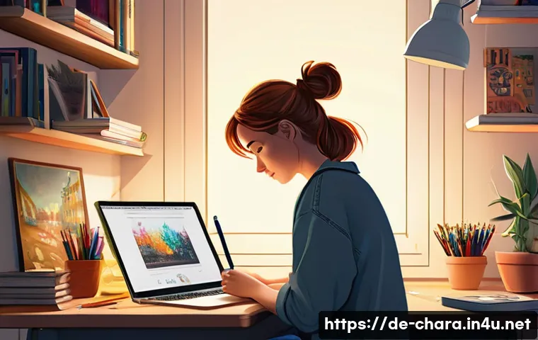 캐릭터디자인 자격증 학습을 위한 무료 자료 활용 - A young adult female character designer sitting at a modern desk in a cozy Berlin studio apartment, ...