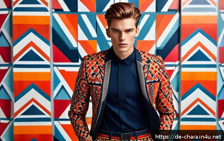 캐릭터디자인과 패턴디자인의 연관성 - A dynamic character portrait featuring a brave, energetic young adult wearing stylish, sharp-edged p...