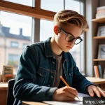 Home 21 캐릭터디자인 자격증 학습에서 필요한 자료 정리 - A focused scene of a young German character design student in a cozy, modern study room filled with ...