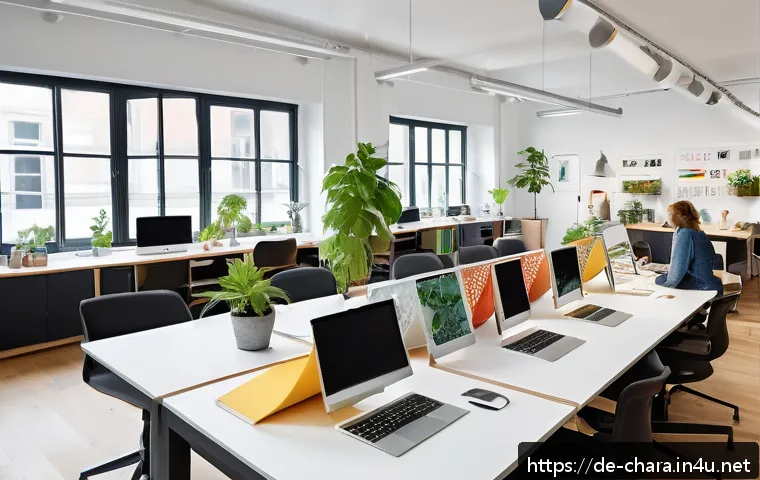 캐릭터디자인 직무에서의 협업 환경 구축 방법 - A modern creative team workspace in Berlin, featuring diverse designers collaborating around a large...