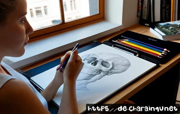Home 15 캐릭터디자인 직무에서 학습 리소스 추천 - Photorealistic character design student in a bright Berlin creative studio, studying anatomy referen...